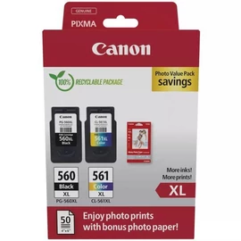 Canon PG-560 XL + CL-561 XL fekete és színes (BK-Color) eredeti (gyári, új) nagy kapacitású multipack + 50 db fényes fotópapír