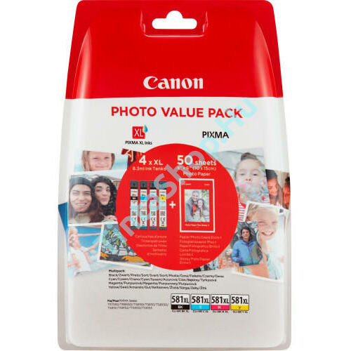 Canon CLI-581 XL eredeti (gyári, új) nagy kapacitású multipack + 50 db A6/210 fényes fotópapír