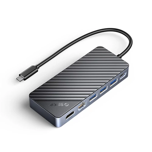 Orico Notebook Dokkoló - OM28PR-G2-BK (Bemenet: USB-C, Kimenet: HDMI/USB-A+C/RJ45/M.2/PD100W, sötétszürke)