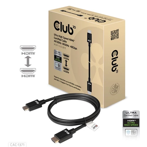 Club 3D Kábel - CAC-1371 (HDMI 2.1 Ultra High Speed, 4K120Hz, 8K60Hz, Ultra High Speed, 48Gbps, M/M, 1m)