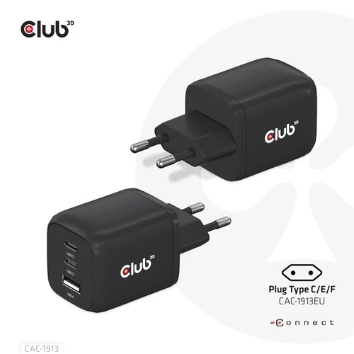 Club 3D Hálózati töltő - CAC-1913EU (65W GAN, Triple port 2xUSB-C 1xUSB-A PD 3.0)