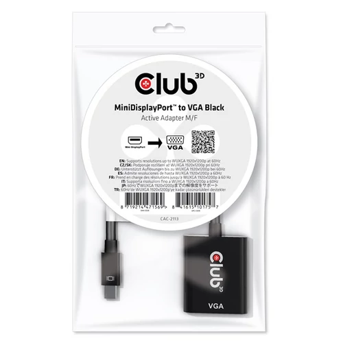 Club 3D Átalakító - CAC-2113 (Mini DisplayPor 1.1a to VGA, fekete, aktív, 1920x1200@60Hz, kompatibilis AMD/Nvidia/Intel)