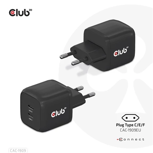 Club 3D Hálózati töltő - CAC-1909EU (45W GAN, USB-C Dual Port, PD 3.0, PPS, Kétportos)