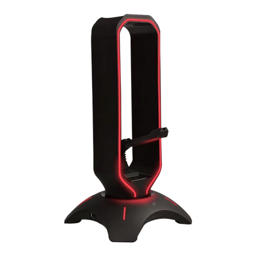 Rampage Fejhallgató állvány - RM-H66 GUARD (fekete, műanyag, USB HUB, Egérkábel tartó, RGB)