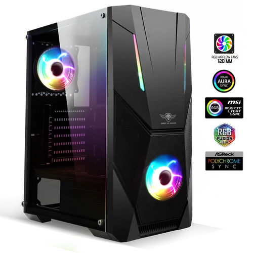 Spirit of Gamer Számítógépház - Rogue V RGB (fekete, ablakos, 2x12cm ventilátor, alsó táp,  ATX, 1xUSB3.0, 2xUSB2.0)