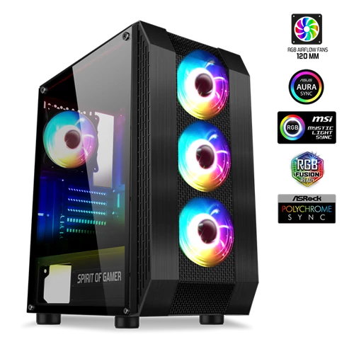 Spirit of Gamer Számítógépház - Rogue VI RGB (fekete, ablakos, 4x12cm ventilátor, alsó táp,  ATX, 1xUSB3.0, 2xUSB2.0)