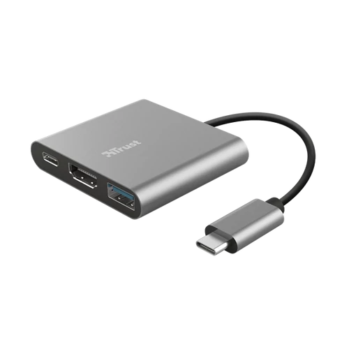 Trust Kábel Átalakító - Dalyx 3in1 Multiport USB-C (szürke, aluminium, USB-C apa / HDMI+Type-C+USB3.1 anya)