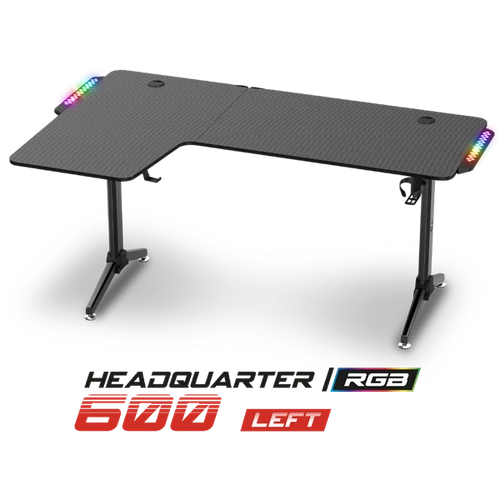 Spirit of Gamer Gamer Asztal - Headquarter 600 L (MDF lap, fém lábak, fekete, RGB LED háttérvilágítás, 140 x 60 x 75cm)