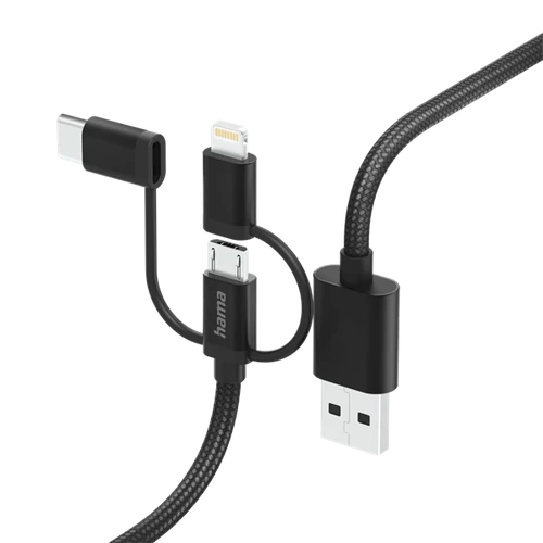 Hama Kábel - 201536 (3in1, Micro USB/USB-C/Lightning, USB 2.0, 1,5m, fekete)