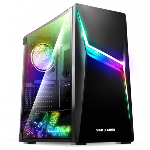 Spirit of Gamer Számítógépház - CLONE 4 Black (fekete, ablakos, 2x12cm ventilátor, alsó táp,  ATX, 1xUSB3.0, 2xUSB2.0)