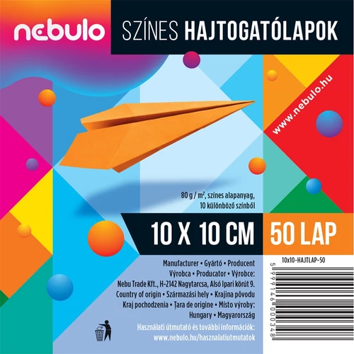 Hajtogatólapok színes 10x10 cm, vegyes színek, 50 lap/csomag, Nebulo