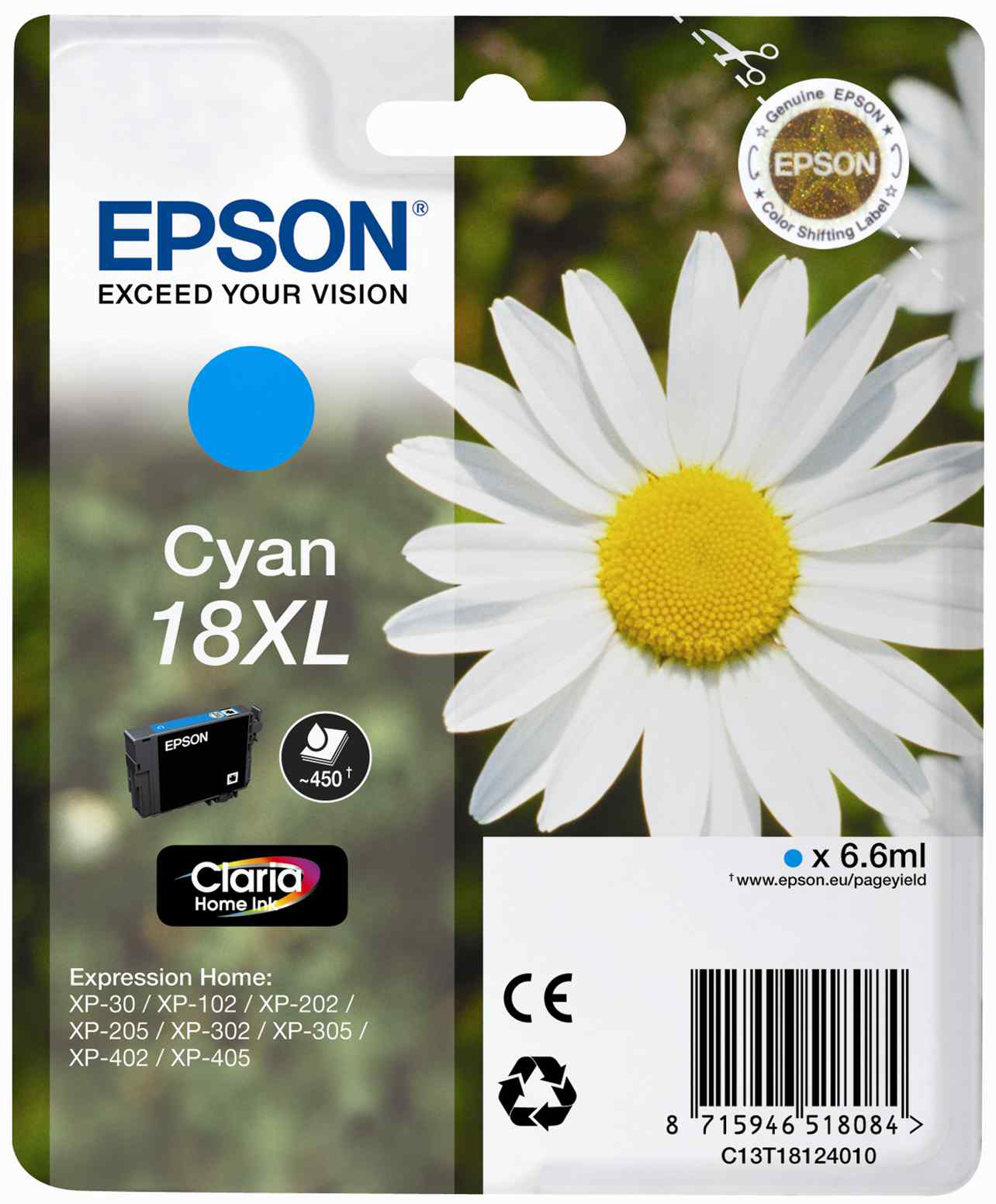 Epson T1812 (No.18 XL) CY cián (kék) (CY-Cyan) nagy kapacitású eredeti (gyári, új) tintapatron