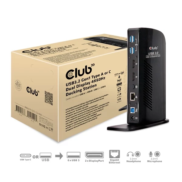 Club 3D Notebook Dokkoló - CSV-1460 (4K60HZ DUAL DISPLAY, 3.1 USB-A to 2x DP, 6x USB3.2, RJ45, 3.5 Jack Audio + Mic)