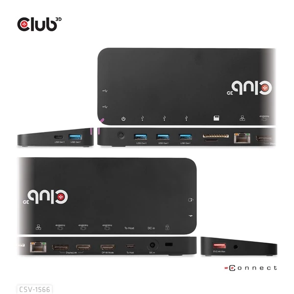 Club 3D Notebook Dokkoló - CSV-1566 (120W, USB-C to 5x USB-A Gen 1, USB-C  Gen 1, 2xHDMI, DP, RJ45, SD.TF. 3,5 Jack, DC)