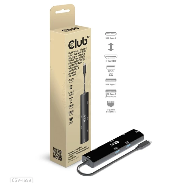 Club 3D USB Hub - CSV-1599 (USB-C 4 to HDMI, 2xUSB-A (10G), RJ45 (2,5G), USB-C 100W PD 3.0, USB-C 10Gbps, 8k60Hz)