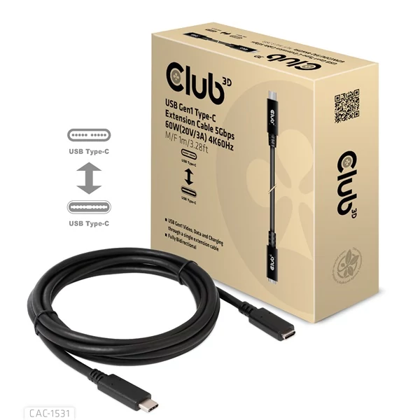 Club 3D Kábel - CAC-1531 (USB-C Gen 1 to USB-C, 5Gbps, 60W, 4K60Hz, 1m)