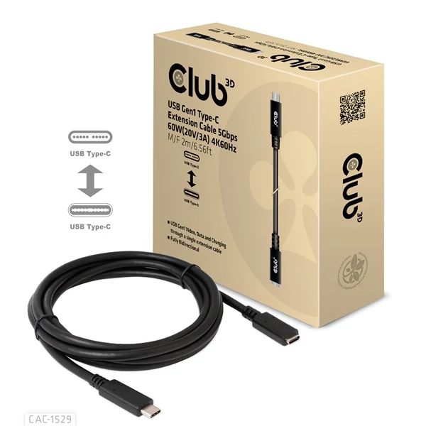Club 3D Kábel - CAC-1529 (USB-C Gen 1 to USB-C, 5Gbps, 60W, 4K60Hz, 2m)