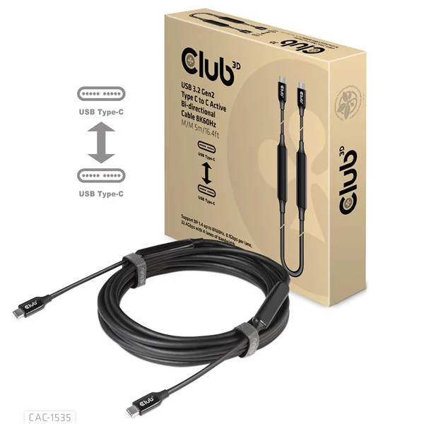 Club 3D Kábel - CAC-1535 (3.2 USB-C Gen 2 to 3.2 USB-C Gen 2, 60W PD, 8K60Hz, Bidirectional, 5m)