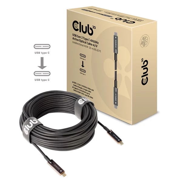 Club 3D Kábel - CAC-1589 (3.2 USB-C Gen 2 to 3.2 USB-C Gen 2, aktív, optikai, 60W PD, 4K60Hz, Bidirectional, 20m)