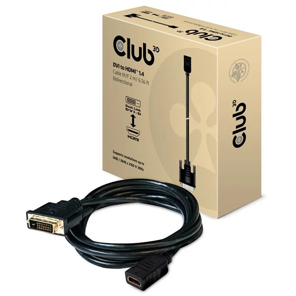 Club 3D Kábel - CAC-1211 (DVI-D to HDMI 1.4, 2m, M/F, kétirányú, UHD 4K30Hz, Arany érintkezők)