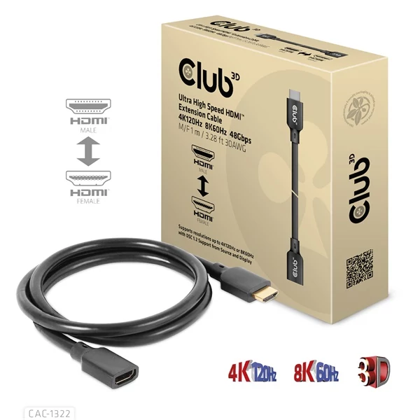 Club 3D Kábel - CAC-1322 (HDMI 2.1 Ultra High Speed, 4K120Hz 8K60Hz, 30AWG, 48Gbps, 1m, M/F)