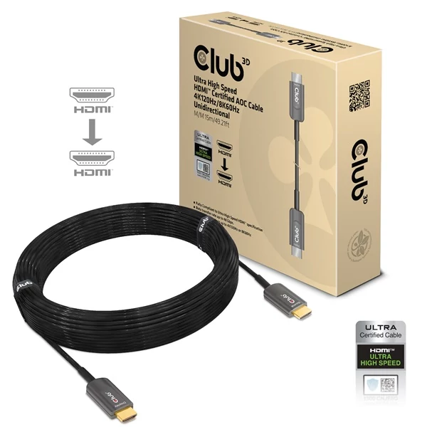 Club 3D Kábel - CAC-1377 (HDMI 2.1 Ultra High-Speed, M/M, 8K60Hz, 4K120Hz, 15m, AOC, unidirectional)