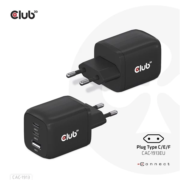 Club 3D Hálózati töltő - CAC-1913EU (65W GAN, Triple port 2xUSB-C 1xUSB-A PD 3.0)