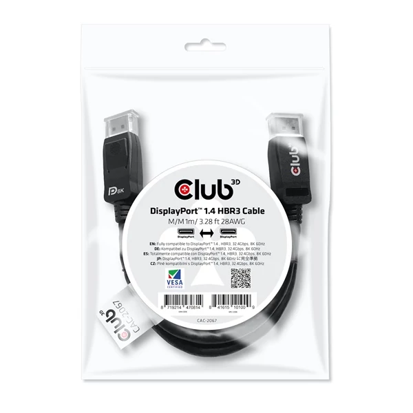Club 3D Kábel - CAC-2067 (DisplayPort 1.4, HBR3, 8K60Hz, 1m, M/M, VESA minősítés)