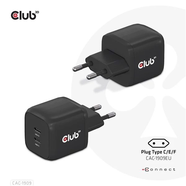 Club 3D Hálózati töltő - CAC-1909EU (45W GAN, USB-C Dual Port, PD 3.0, PPS, Kétportos)