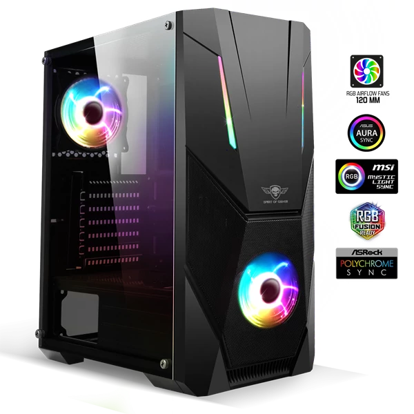 Spirit of Gamer Számítógépház - Rogue V RGB (fekete, ablakos, 2x12cm ventilátor, alsó táp,  ATX, 1xUSB3.0, 2xUSB2.0)
