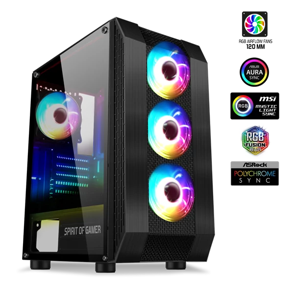 Spirit of Gamer Számítógépház - Rogue VI RGB (fekete, ablakos, 4x12cm ventilátor, alsó táp,  ATX, 1xUSB3.0, 2xUSB2.0)