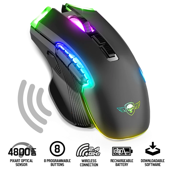 Spirit of Gamer Egér Vezeték nélküli - ELITE-M70 (Optikai, 4800DPI, 8 programozható gomb, Max.: 10m, fekete)