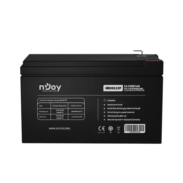 NJOY Szünetmentes akkumulátor - HR09122F (12V/9Ah, High Rate Discharge,  Long-life, T2/F2, zárt, gondozás mentes, AGM)
