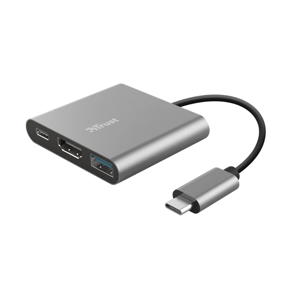 Trust Kábel Átalakító - Dalyx 3in1 Multiport USB-C (szürke, aluminium, USB-C apa / HDMI+Type-C+USB3.1 anya)