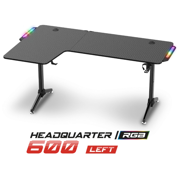 Spirit of Gamer Gamer Asztal - Headquarter 600 L (MDF lap, fém lábak, fekete, RGB LED háttérvilágítás, 140 x 60 x 75cm)