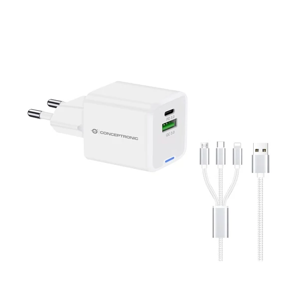 Conceptronic telefon töltő adapter+kábel - ALTHEA16W (USB-C+USB-A, 33W, 3in1 töltő kábel, fehér)