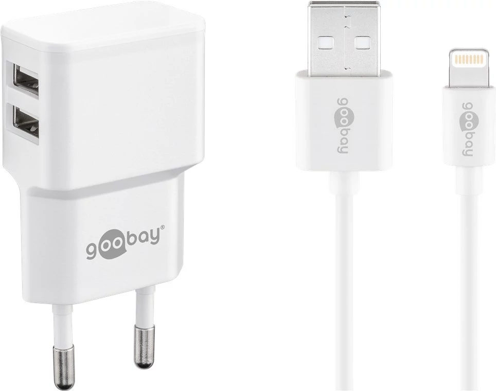 Goobay hálózati töltő 12W 2xUSB-A, fehér + 1 m Lightning töltőkábel