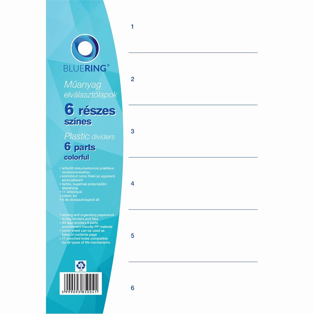 Elválasztólap, színes műanyag 6 részes Bluering®