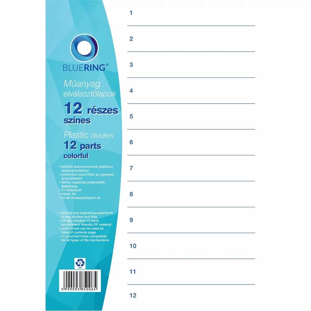 Elválasztólap, színes műanyag 12 részes Bluering®